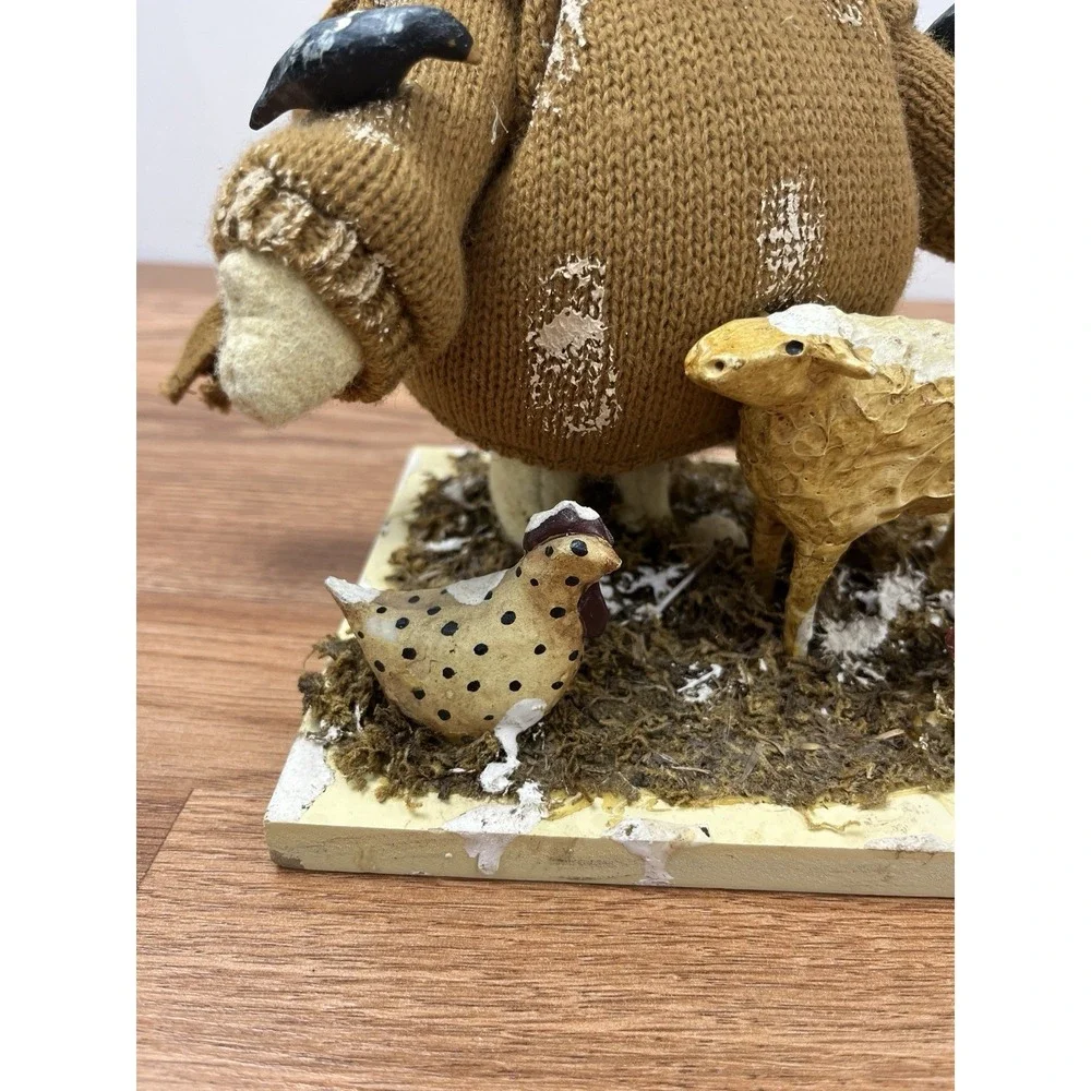 Folk Art Mixed Media Snowman with Farm Animal Friends Sheep Chickens Birds
